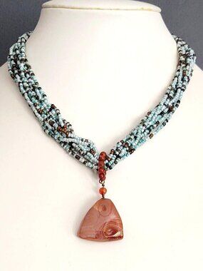 White, blue and brown seed bead necklace with stone pendant